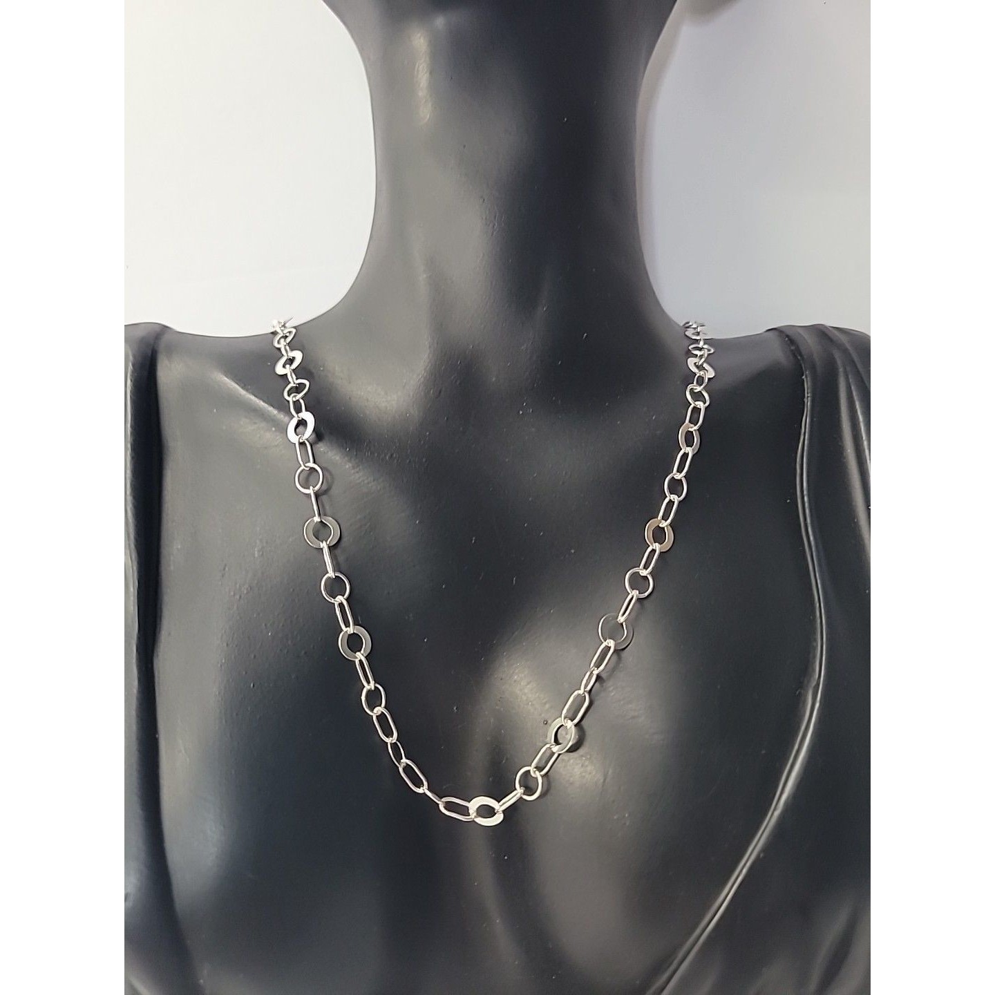 950 Silver Station Necklace Circle Link Bar Chain Minimalist Layering Unisex